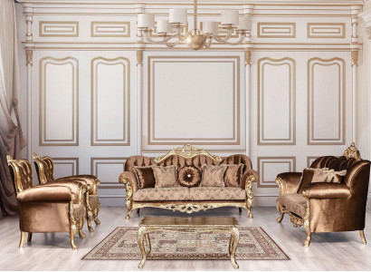 Goldene Samt Couch Set Chesterfield Sofagarnitur Sofa Möbel Holz 5tlg